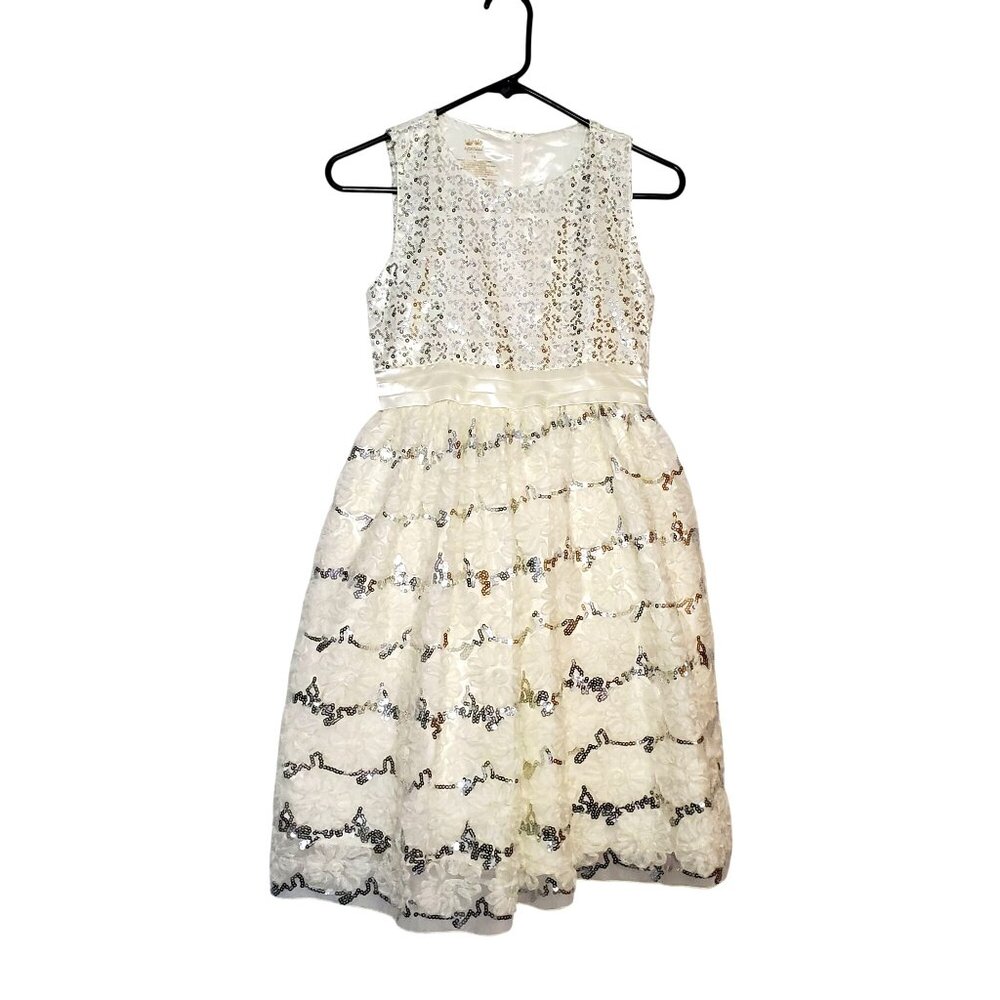 Special Editions Ivory Sequin & Lace Girls Dress Size 16 Sleeveless Satin Bow Ac - Picture 2 of 5